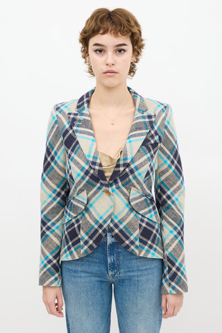 Smythe Grey 
Blue Plaid Linen Blazer