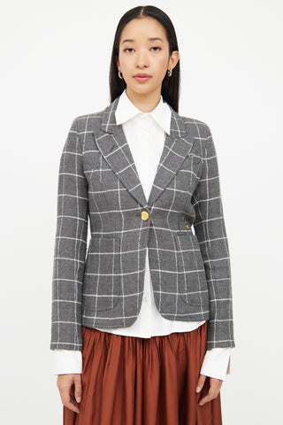 Smythe Grey 
White Wool Linen Plaid Button Blazer