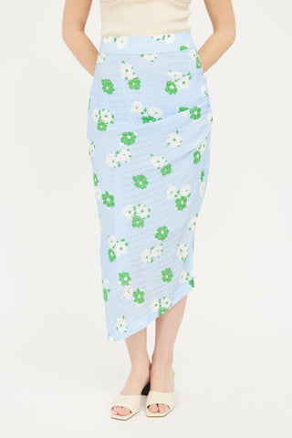 Smythe Blue Ruched Floral Midi Skirt