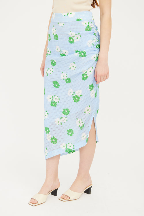 Smythe Blue Ruched Floral Midi Skirt