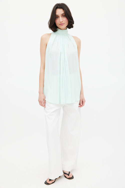 Smythe Mint Green Mock Collar Draped Blouse