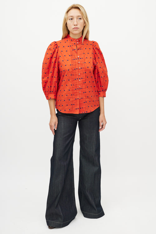 Smythe Orange 
Blue Polka Dot Pleated Shirt