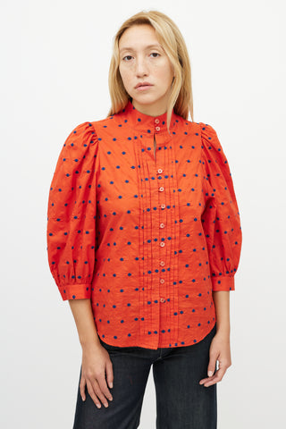 Smythe Orange 
Blue Polka Dot Pleated Shirt