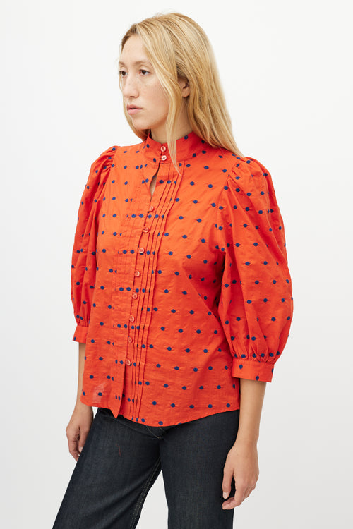 Smythe Orange 
Blue Polka Dot Pleated Shirt