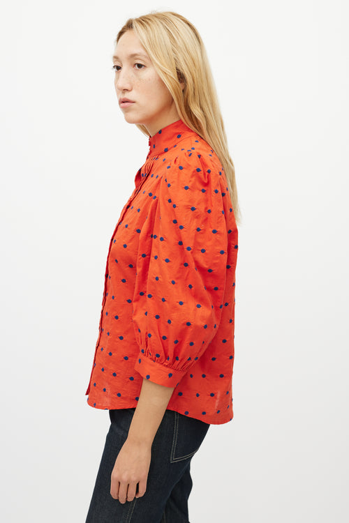 Smythe Orange 
Blue Polka Dot Pleated Shirt