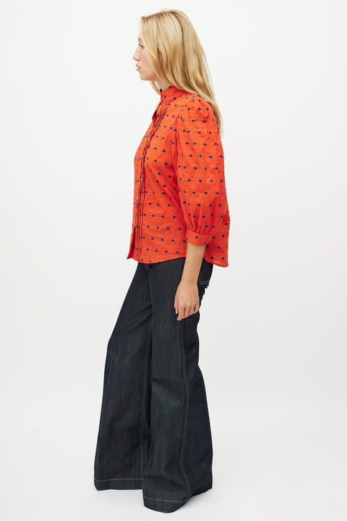 Smythe Orange 
Blue Polka Dot Pleated Shirt