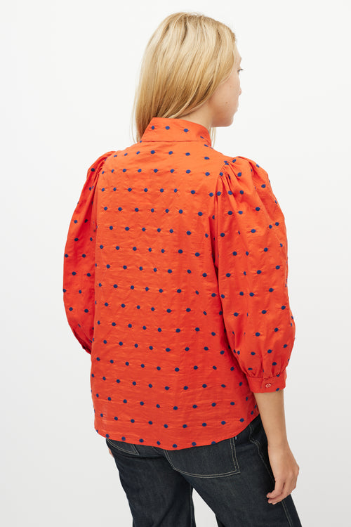 Smythe Orange 
Blue Polka Dot Pleated Shirt