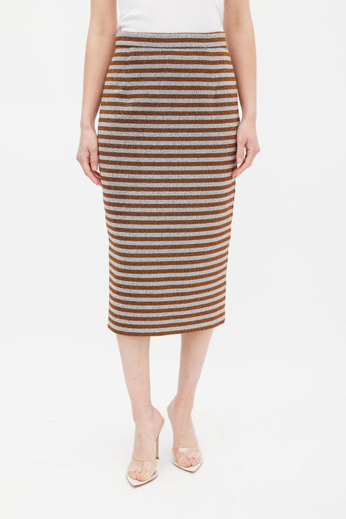 Smythe Orange 
Silver Metallic Striped Pencil Skirt