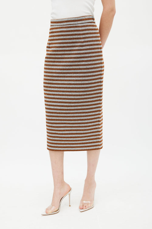 Smythe Orange 
Silver Metallic Striped Pencil Skirt