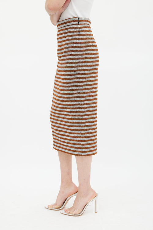 Smythe Orange 
Silver Metallic Striped Pencil Skirt