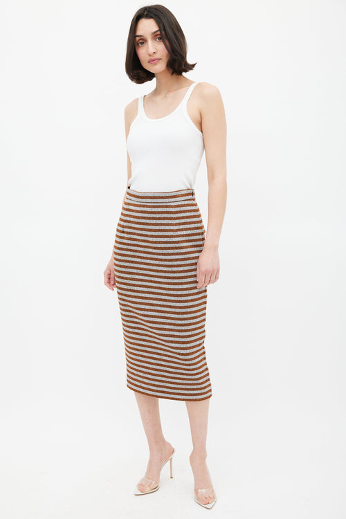 Smythe Orange 
Silver Metallic Striped Pencil Skirt