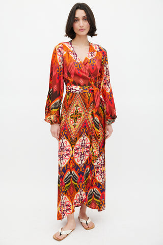 Smythe Red 
Multi Ikat Printed Hostess Wrap Dress