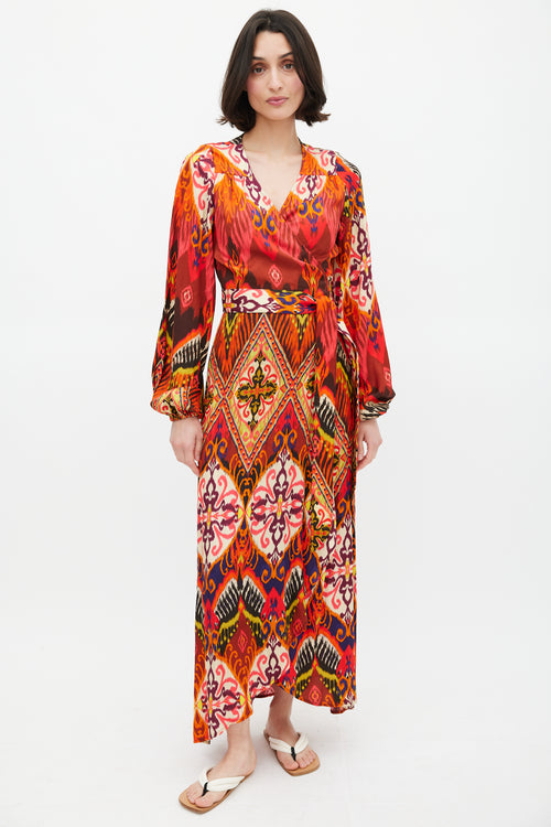 Smythe Red 
Multi Ikat Printed Hostess Wrap Dress