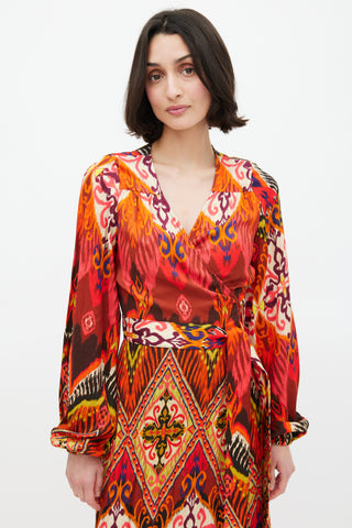 Smythe Red 
Multi Ikat Printed Hostess Wrap Dress