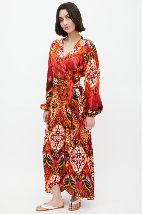 Smythe Red 
Multi Ikat Printed Hostess Wrap Dress