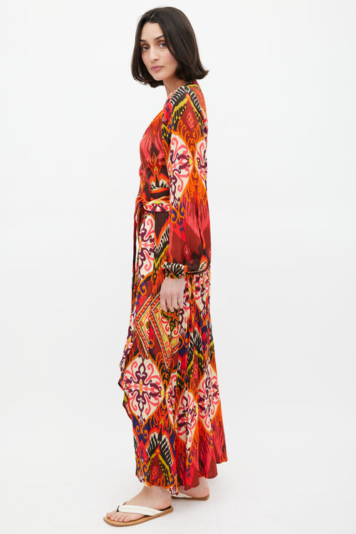 Smythe Red 
Multi Ikat Printed Hostess Wrap Dress