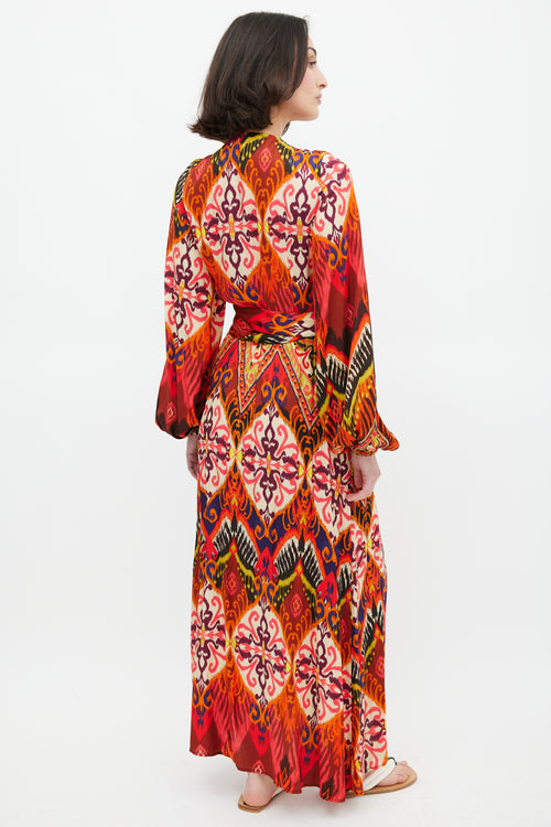 Smythe Red 
Multi Ikat Printed Hostess Wrap Dress