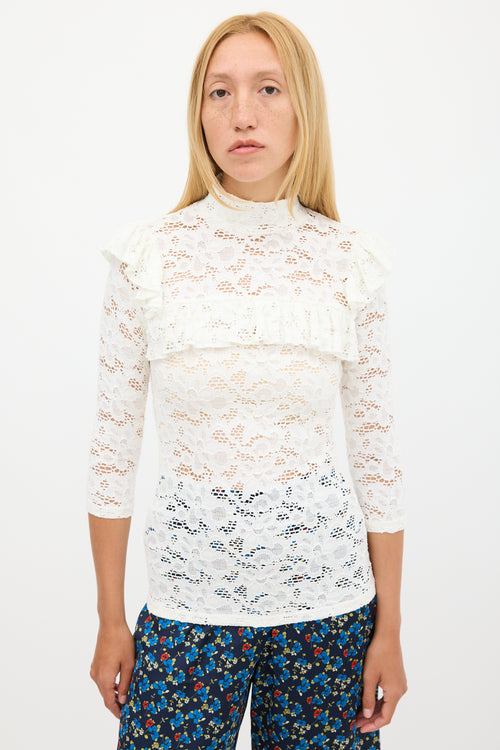 Smythe White Floral Lace Ruffled Top