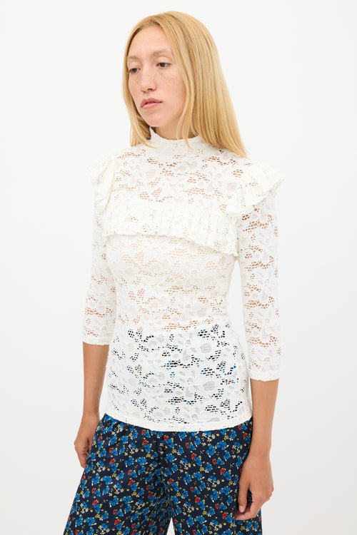 Smythe White Floral Lace Ruffled Top