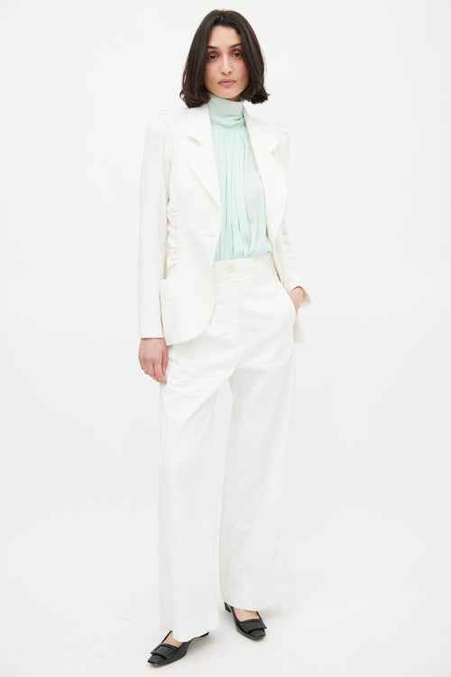 Smythe White Seersucker Ruched Blazer