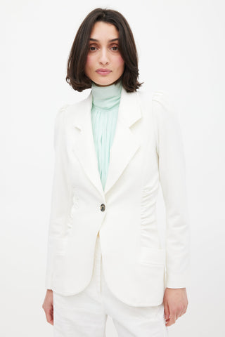 Smythe White Seersucker Ruched Blazer