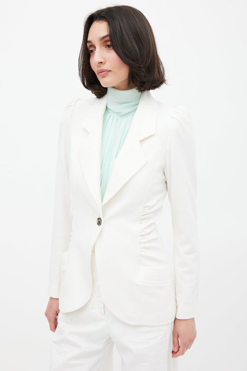 Smythe White Seersucker Ruched Blazer