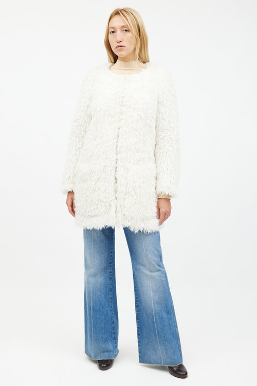 Smythe White Shaggy Faux Fur Jacket