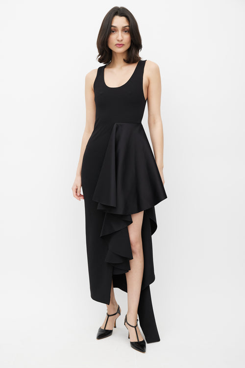 Solace London Black Satin Side Ruffle Dress