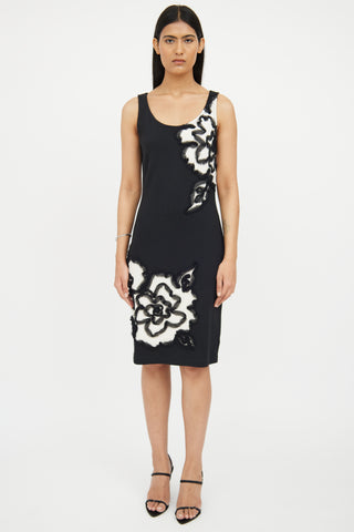 St. John Black 
White Floral Midi Dress