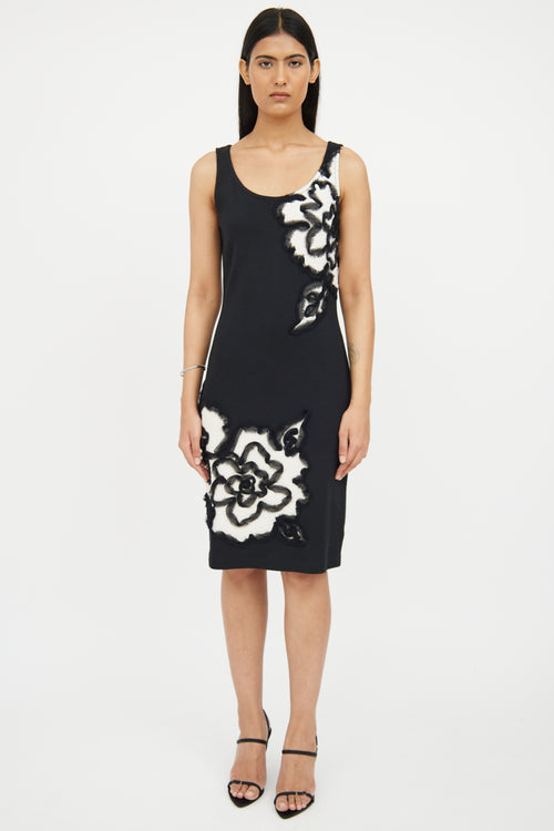 St. John Black 
White Floral Midi Dress