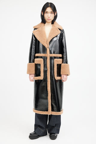 Stand Studio Black 
Brown Patent Shearling Coat