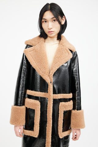 Stand Studio Black 
Brown Patent Shearling Coat