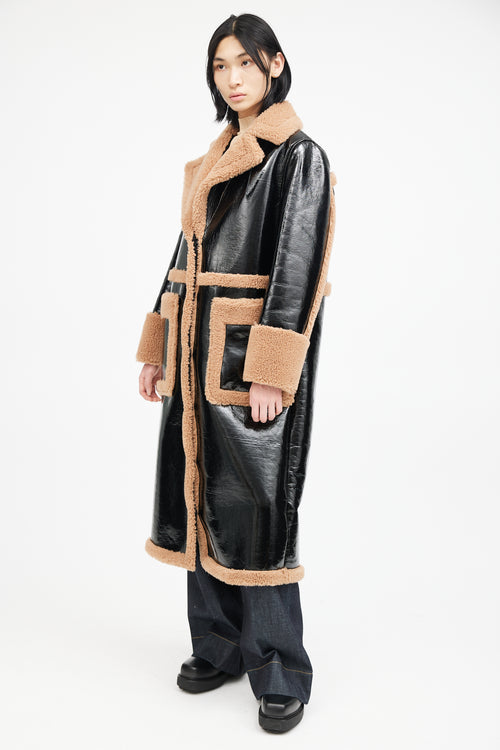 Stand Studio Black 
Brown Patent Shearling Coat