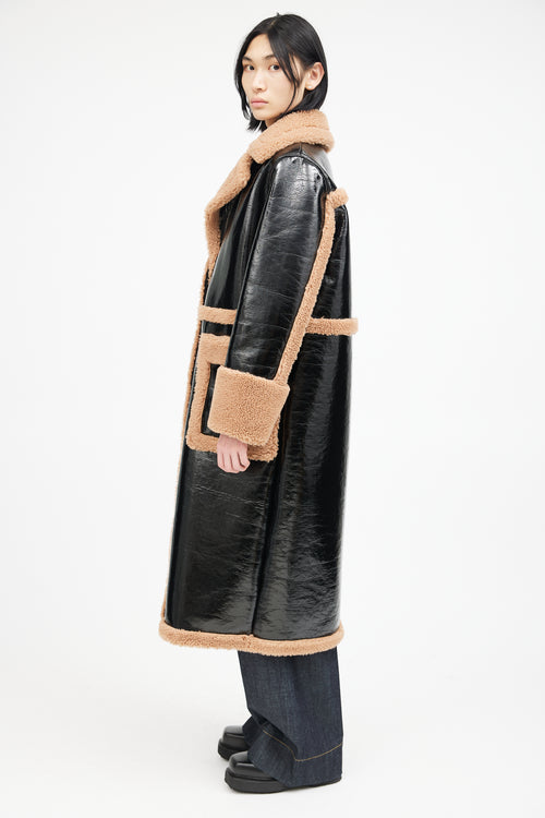 Stand Studio Black 
Brown Patent Shearling Coat