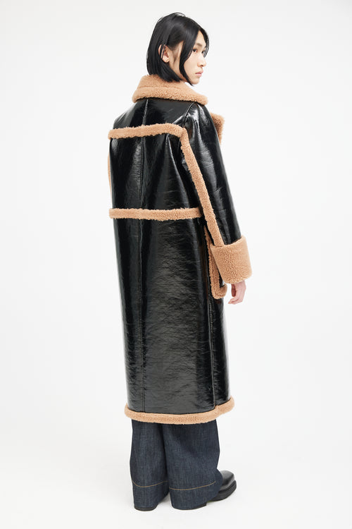 Stand Studio Black 
Brown Patent Shearling Coat