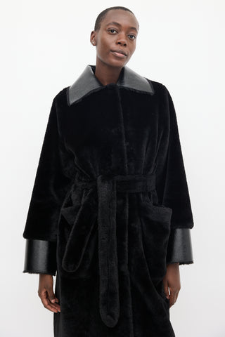 Stand Studio Black Faux Fur Belted Coat