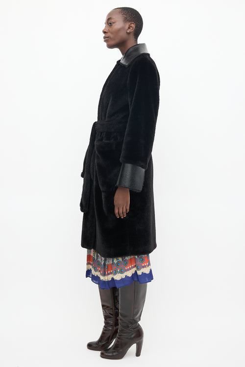 Stand Studio Black Faux Fur Belted Coat