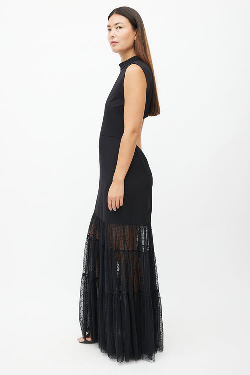 Staud Black Backless Mesh Ruffled Dress