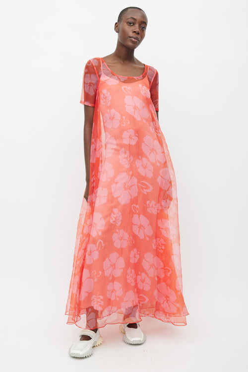 Staud Red Maui Floral Sheer Dress