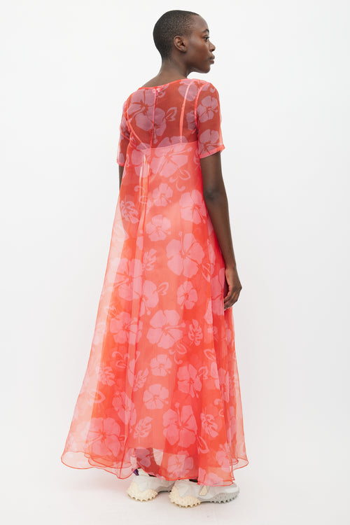 Staud Red Maui Floral Sheer Dress