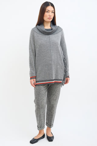 Stella McCartney Grey Tweed Stripe 
Fringe Sweater