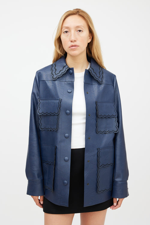 Stella McCartney Navy Scalloped Eyelet Faux Leather Jacket