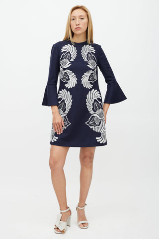 Stella McCartney Navy 
White Wool Floral Embroidered Dress