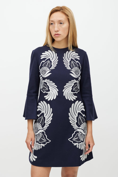 Stella McCartney Navy 
White Wool Floral Embroidered Dress