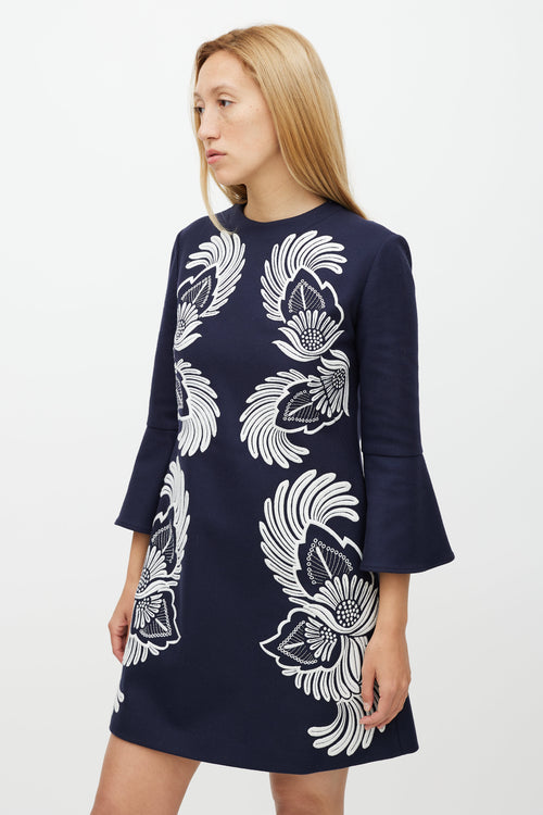 Stella McCartney Navy 
White Wool Floral Embroidered Dress