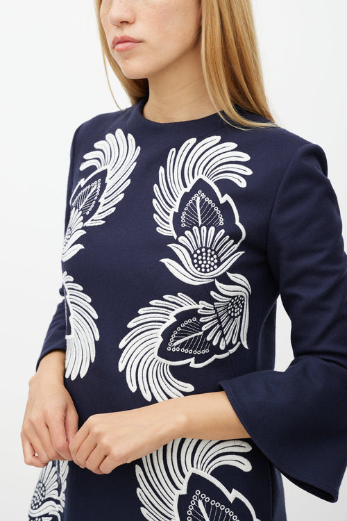 Stella McCartney Navy 
White Wool Floral Embroidered Dress