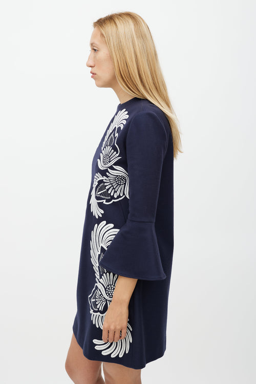 Stella McCartney Navy 
White Wool Floral Embroidered Dress