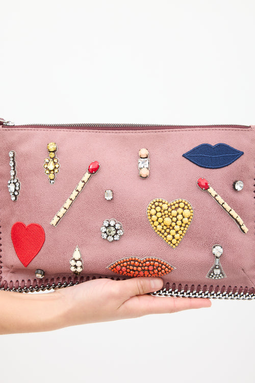 Stella McCartney Pink 
Multi Vegan Embellished Falabella Zip Clutch