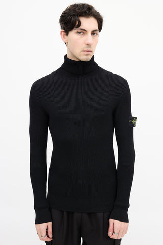 Stone Island Black Ribbed Knit Patch Turtleneck Top