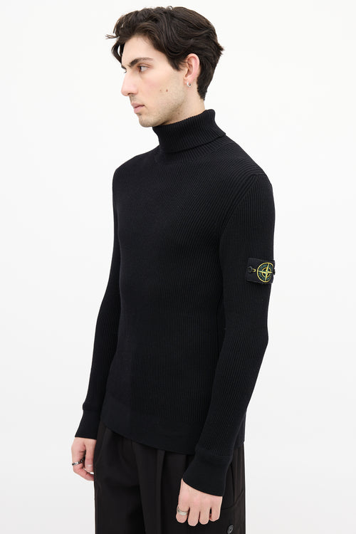 Stone Island Black Ribbed Knit Patch Turtleneck Top